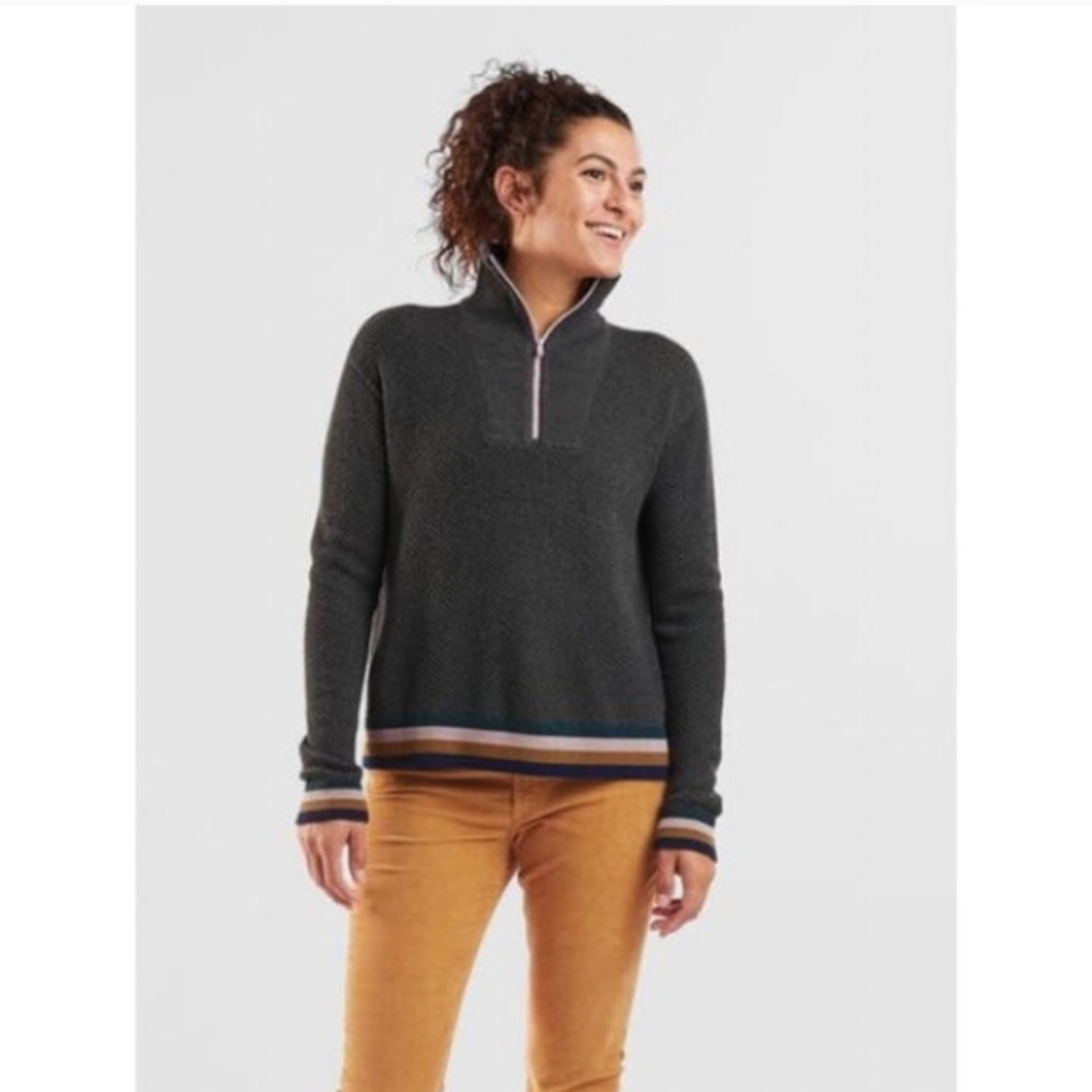 Title Nine Woolicious Waffle Knit Quarter Zip Gray/Gold/Pink Small